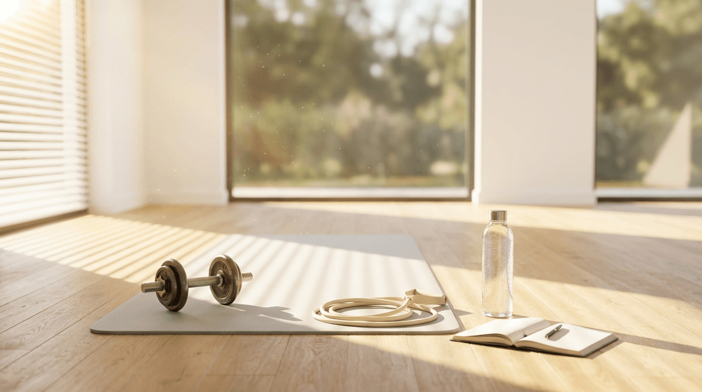 Pregnant woman standing in a home gym with soft natural light