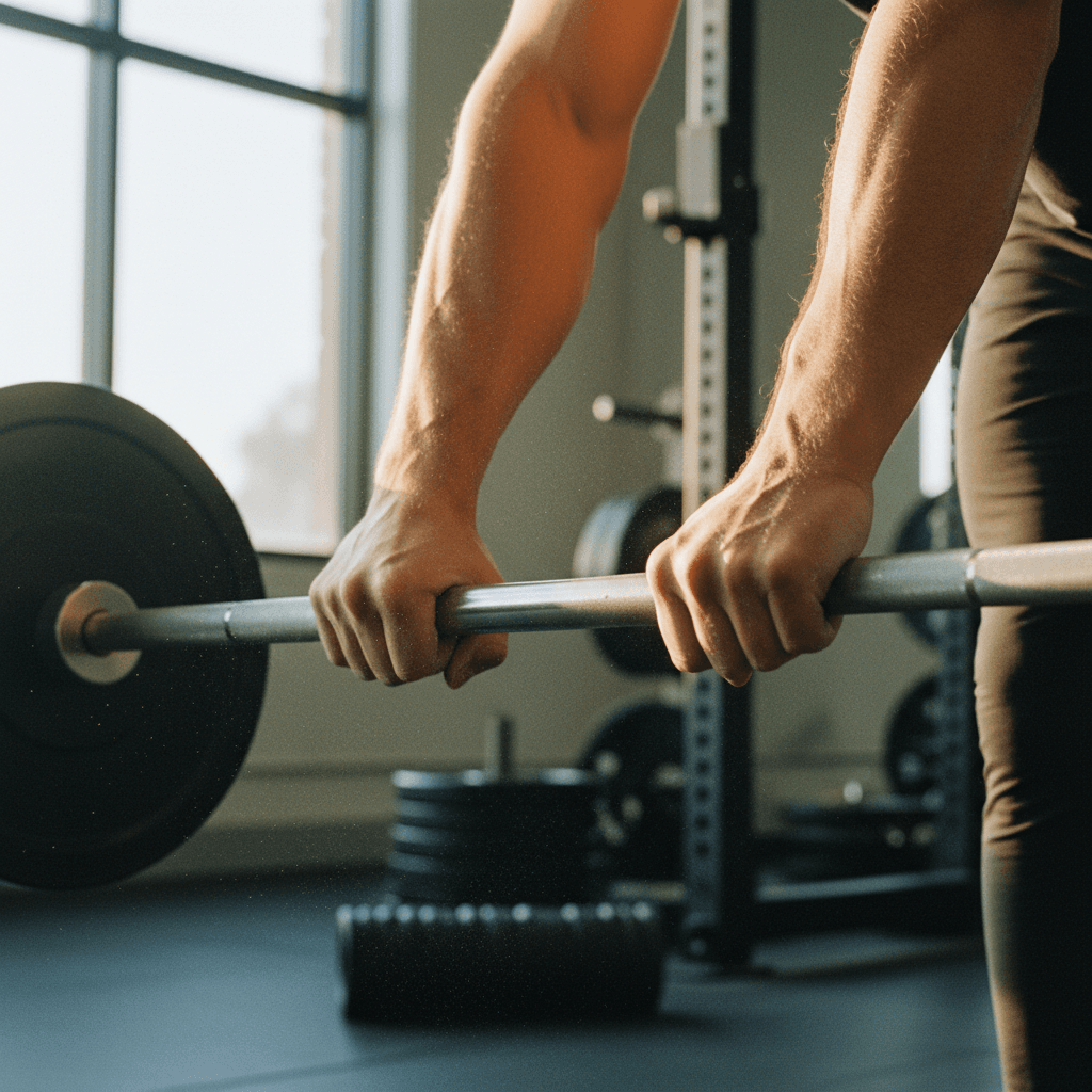 Hands holding a barbell with lifting straps